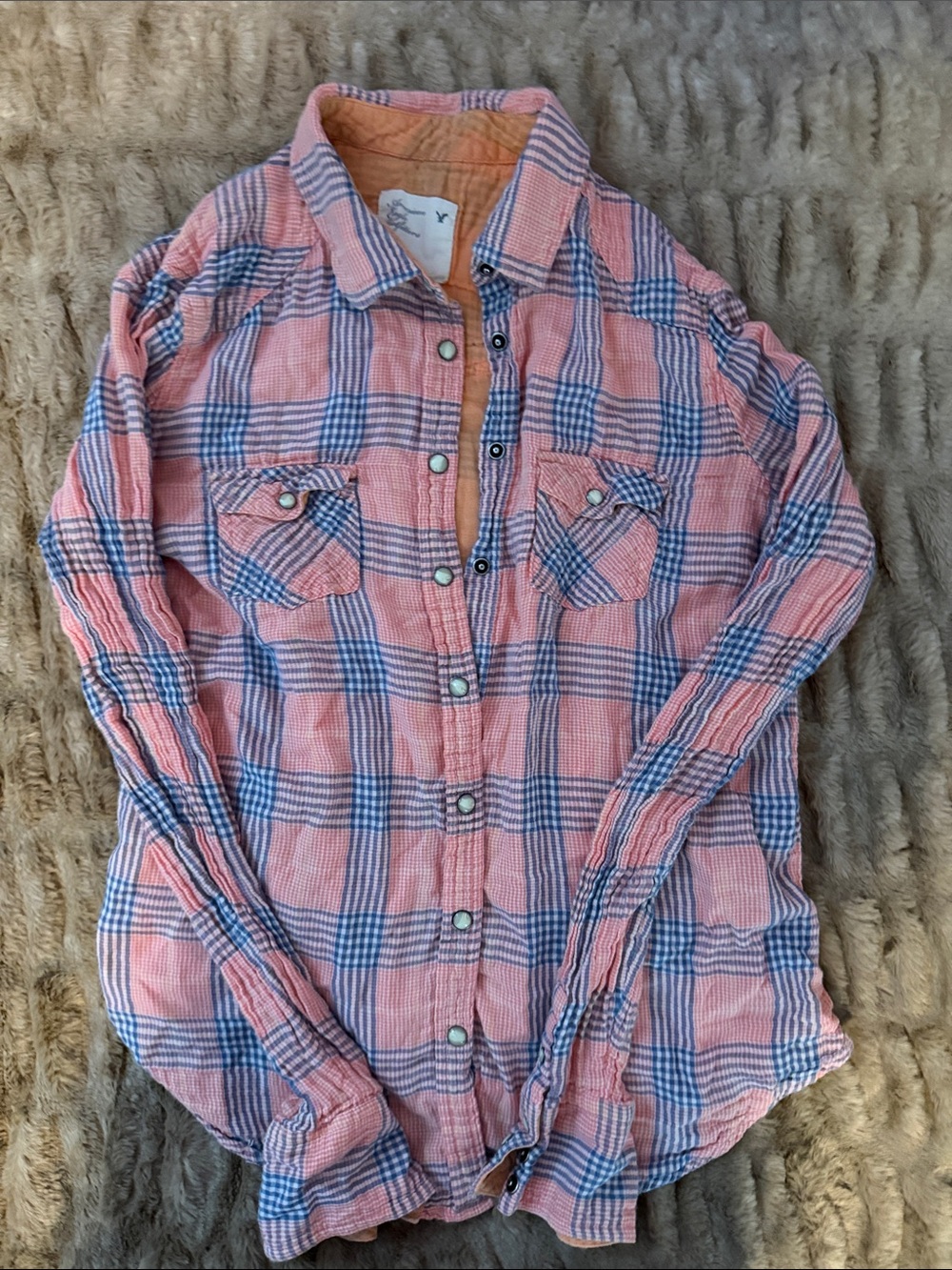 American Eagle Outfitters Pink and Blue Plaid Button-Down Shirt